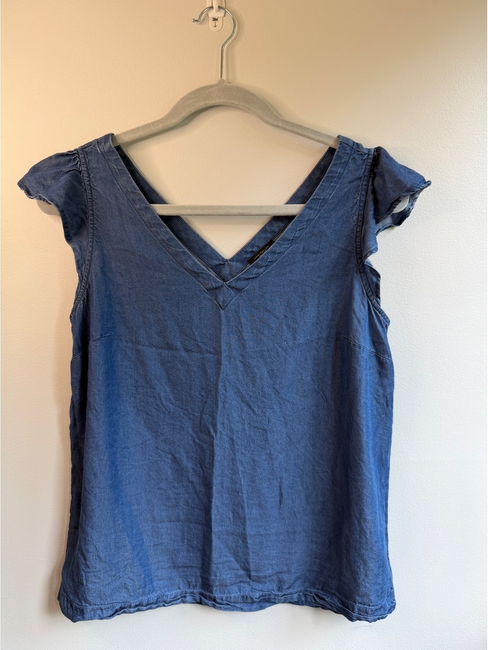 Ann Taylor Factory Blue Lyocell V-Neck Ruffle Sleeve Blouse Size S
